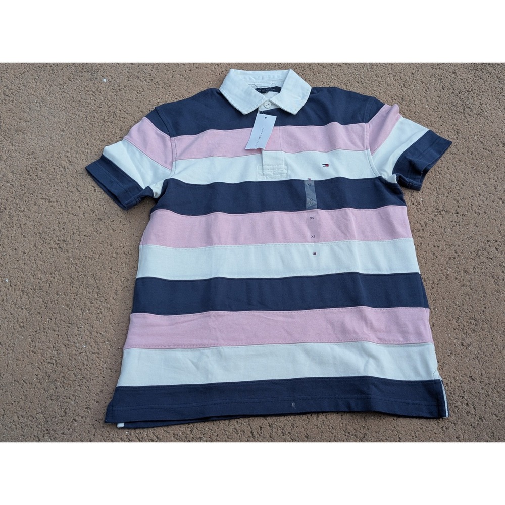 Tommy Hilfiger Striped Rugby Polo Shirt Pink White Navy Blue Short Sleeve XS